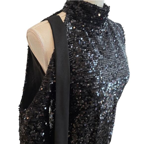 Black Long Sleeve Sequin Asymmetrical Ribbon Top Sz Small - Picture 3 of 7